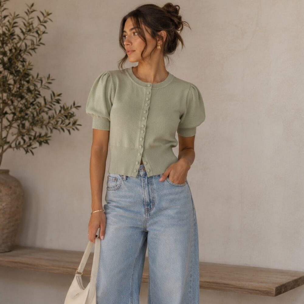 Marled Light Sage Puff Sleeve Button Down Blouse XS